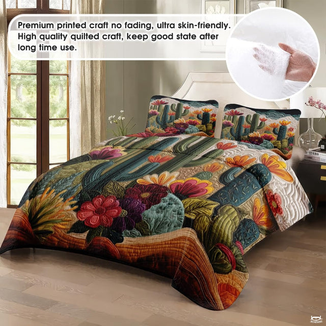 Personalized Vibrant Flowering Cactus Desert Scene Quilt Set