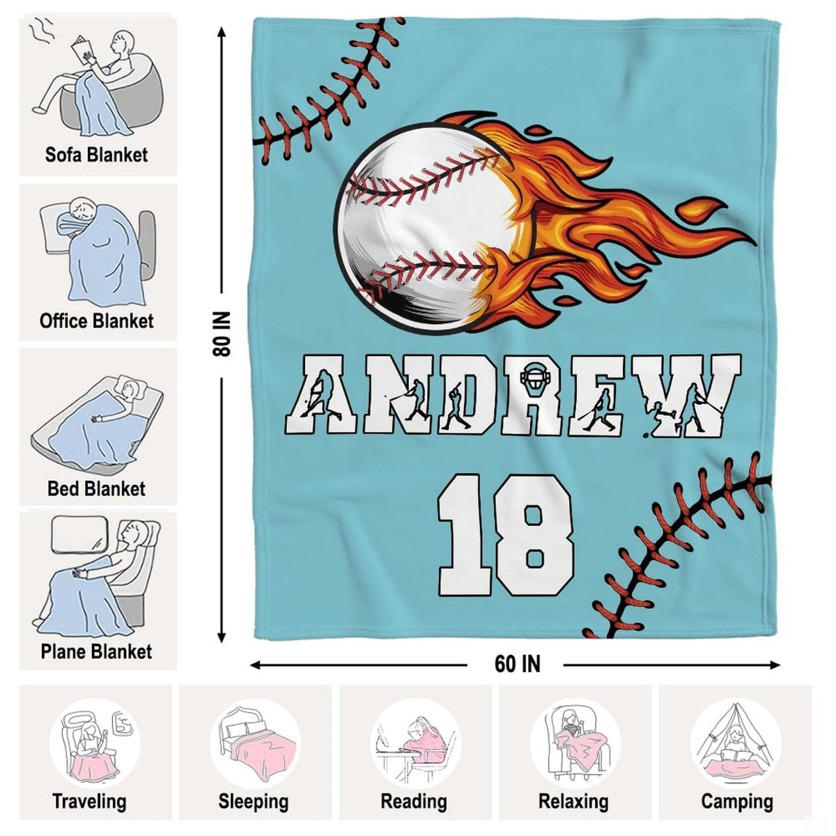 Flaming fireball baseball with fiery trails against sky blue backdrop, view 5.
