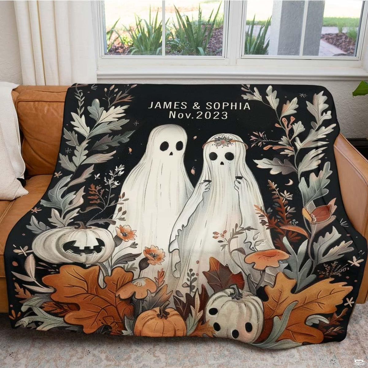 Botanical foliage border in burnt orange and sage green on autumn halloween bedding set.