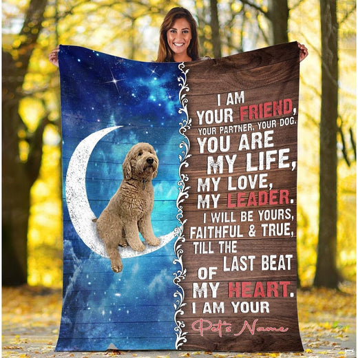 Celestial crescent moon doodle pup wood blanket displayed outdoors
