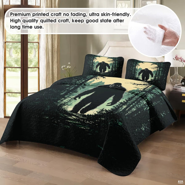 Close-up perspective of Bigfoot bedding showing evergreen pine trees and glowing sunset sky gradients