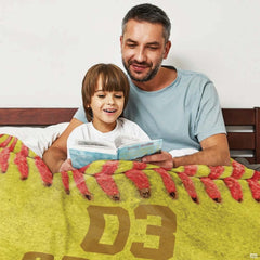 Feature graphic outlining print clarity, durable finish, and colorfast tones of macro softball throw blanket