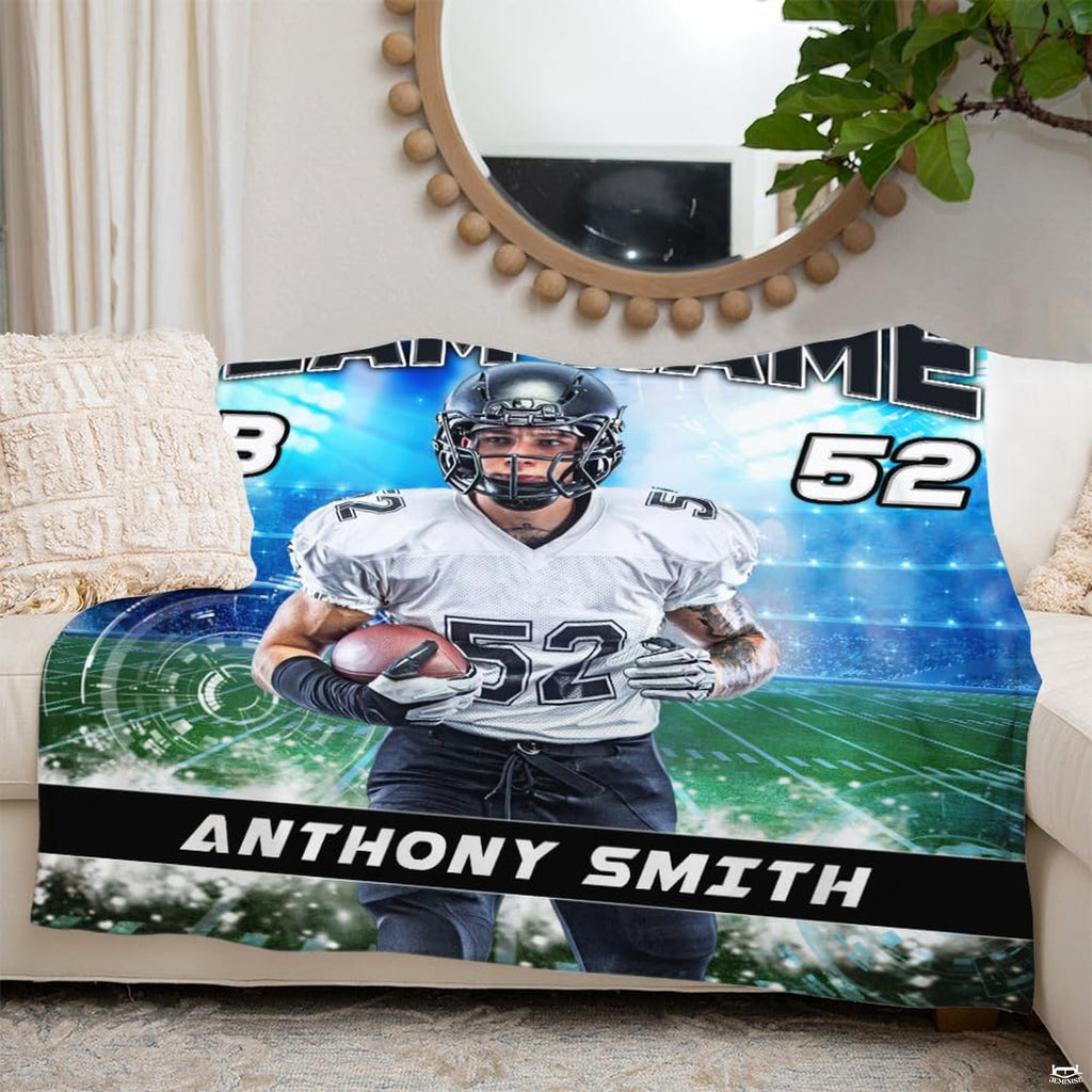 Quarterback football throw blanket view 3 highlighting athletic runner, green field turf, and stadium floodlights
