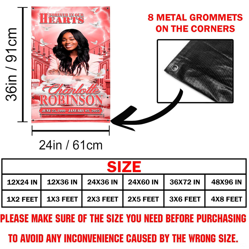 Dimension diagram displaying memorial blanket proportions alongside corner metal grommet detail