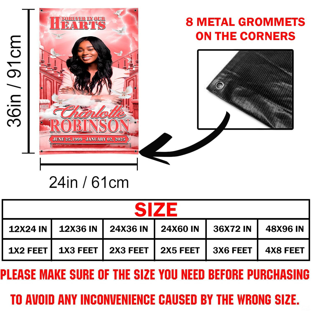 Dimension diagram displaying memorial blanket proportions alongside corner metal grommet detail