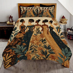 Five stylized women in teal, black, and gold dresses among botanical leaves and blossoms in a bedroom