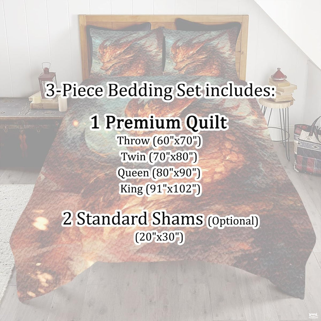 Fiery copper dragon bedding shown behind a package information overlay