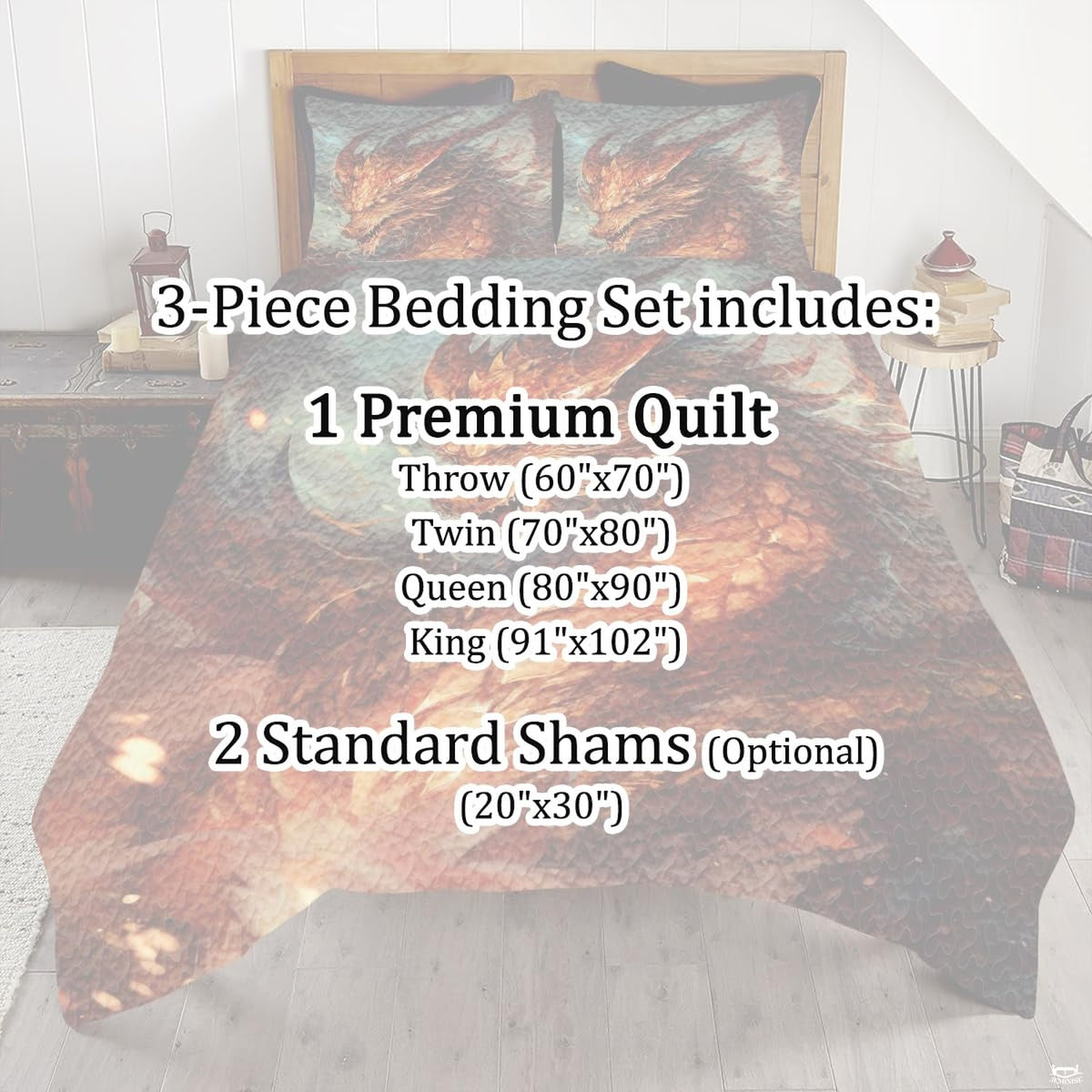 Fiery copper dragon bedding shown behind a package information overlay