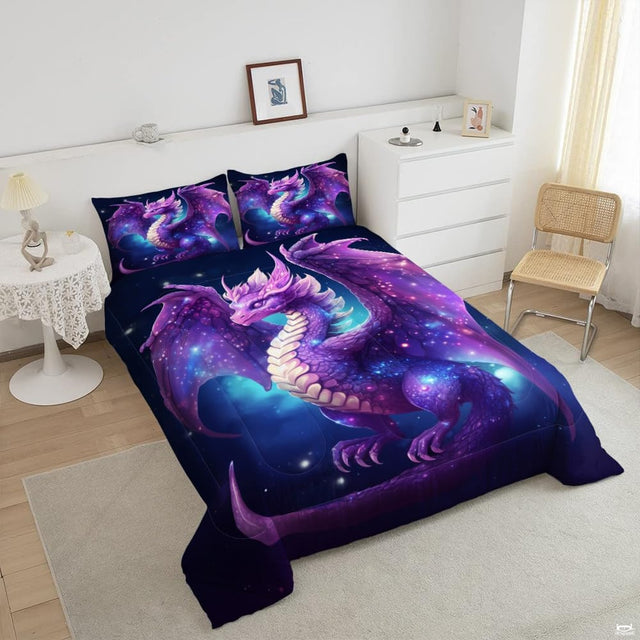 Close-up view of dragon bedding showcasing majestic winged creature artwork and vibrant purple tones