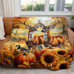 Warm amber gold and chestnut brown autumn forest artwork on French country bedding display.