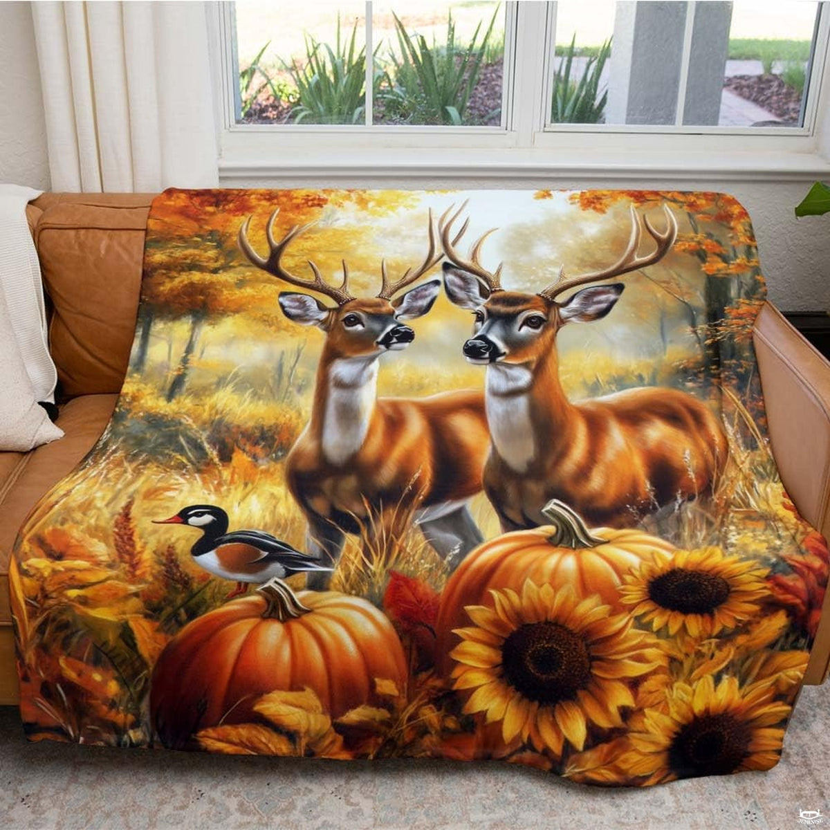 Warm amber gold and chestnut brown autumn forest artwork on French country bedding display.