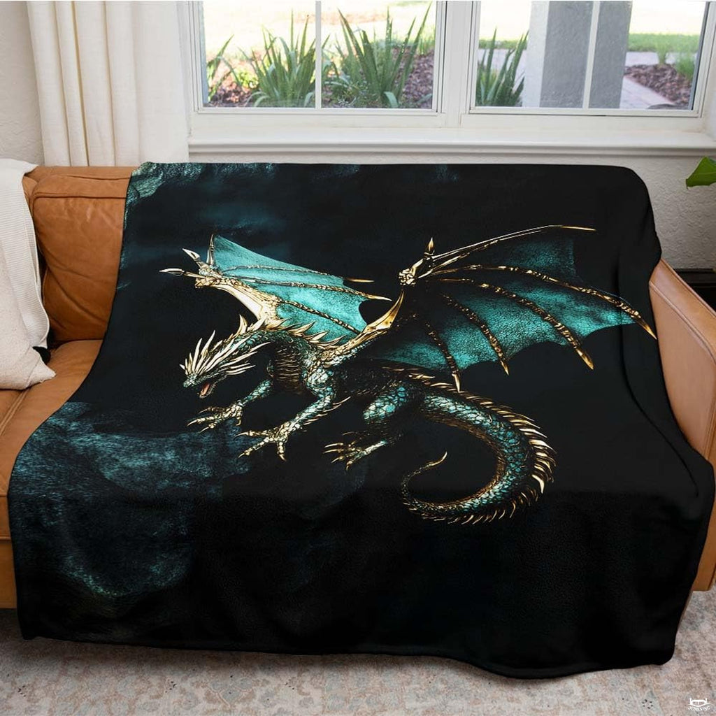 Teal dragon throw blanket draped gracefully across a modern living room couch as a fantasy home accent.