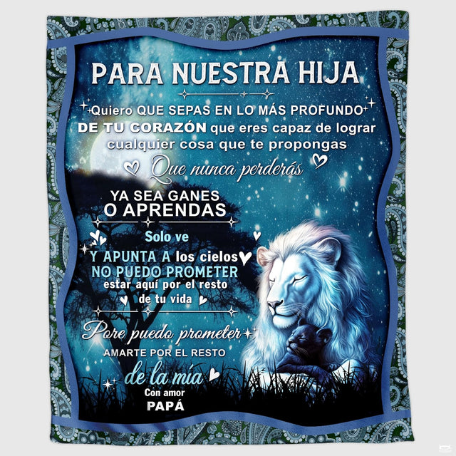 Celestial lion and cub night throw blanket featuring lion protecting cub under moonlit starry sky and paisley border