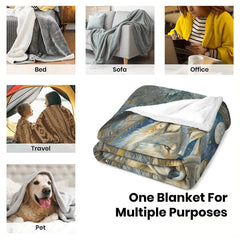 Folded presentation of the celestial wolf pair throw blanket resting neatly on an armchair.
