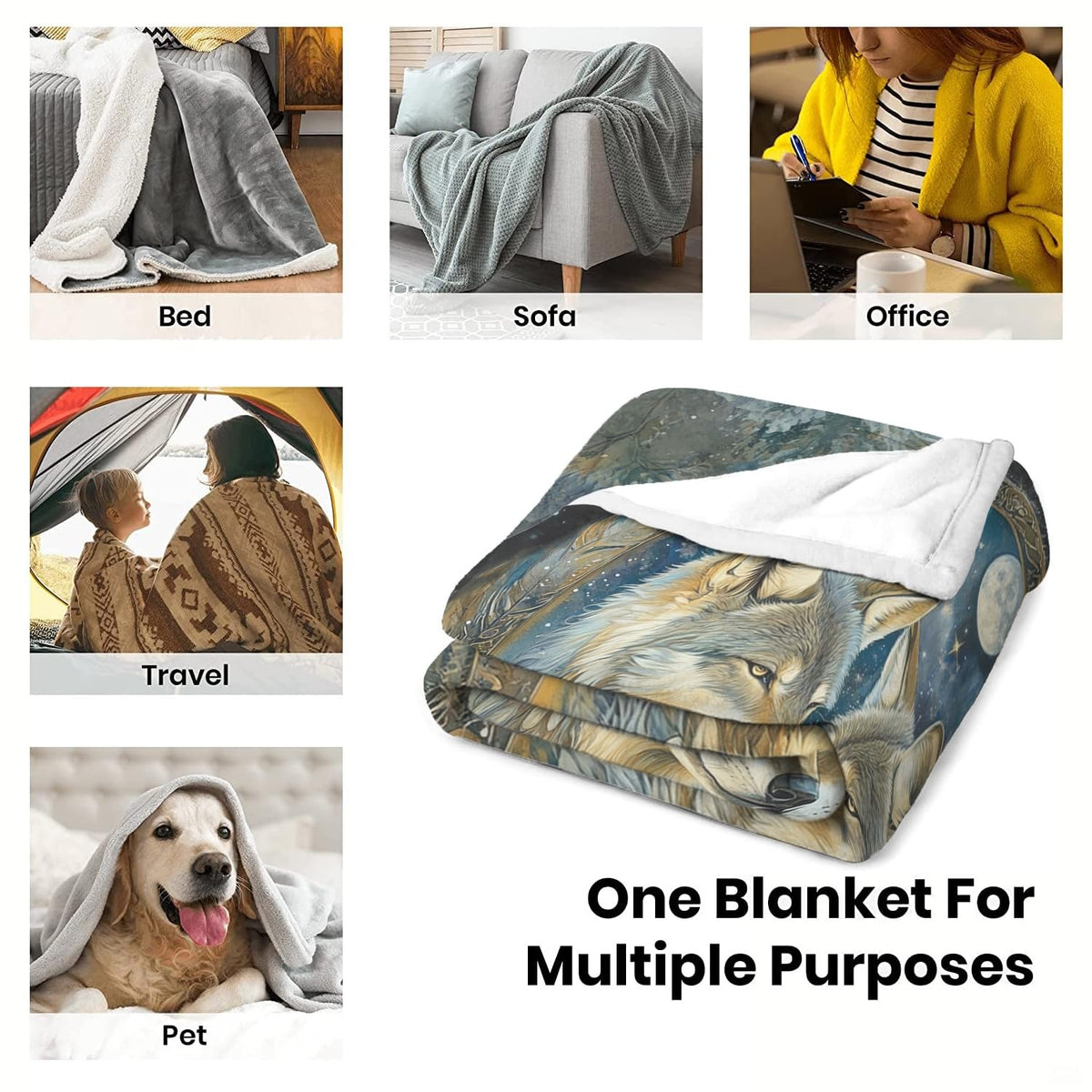 Folded presentation of the celestial wolf pair throw blanket resting neatly on an armchair.
