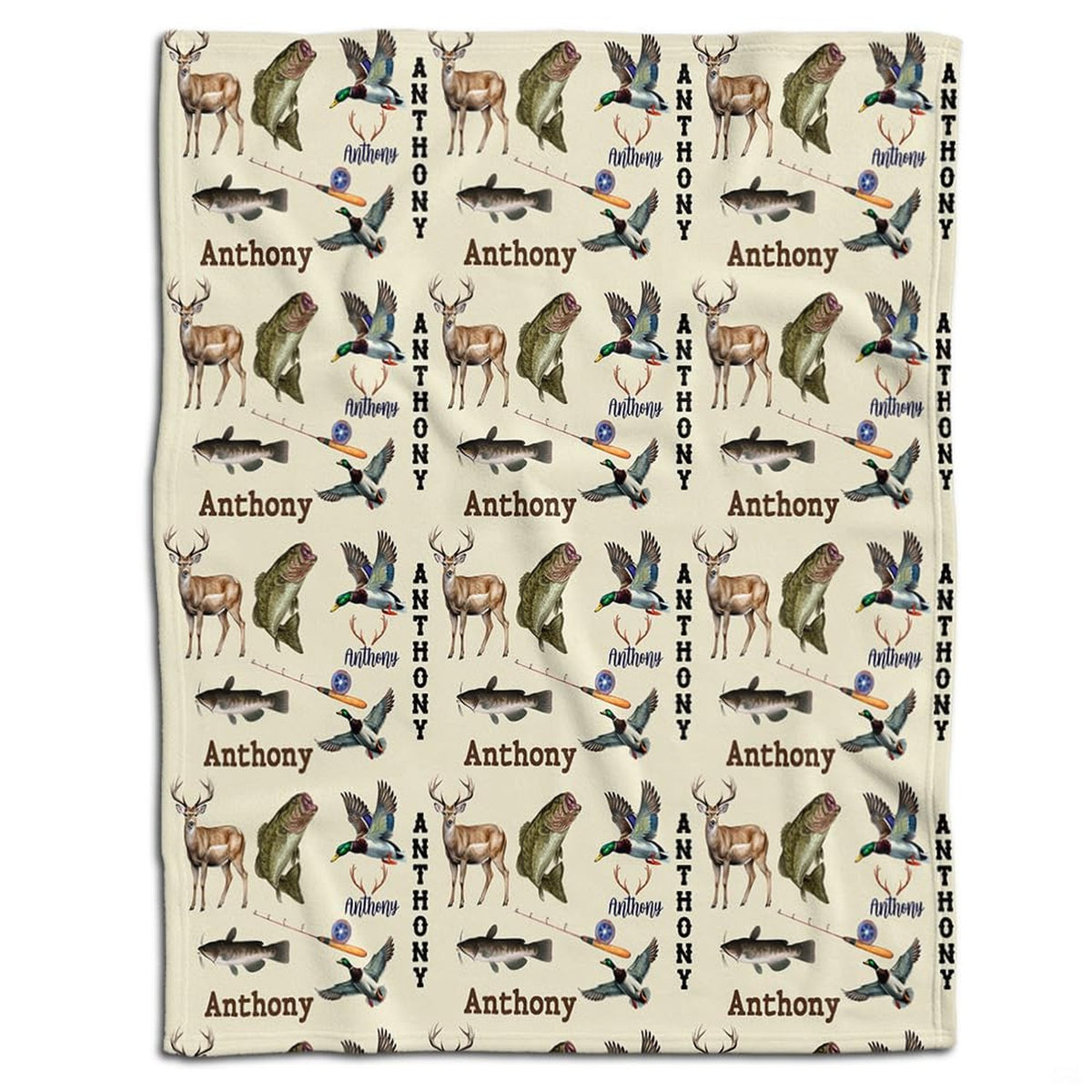 Rustic wildlife throw blanket featuring an outdoor pattern of whitetail deer, leaping bass, mallard ducks, and fishing rods