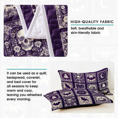Bedroom decor styling with purple gothic bed sheets highlighting antique Victorian toile artwork and flying bats.