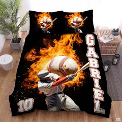 Personalized Baseball Bedding Full Size Flag Custom Name Duvet Cover Set Sport Decor Sports Comforter Bed Set (Fire Baseball Player 2)