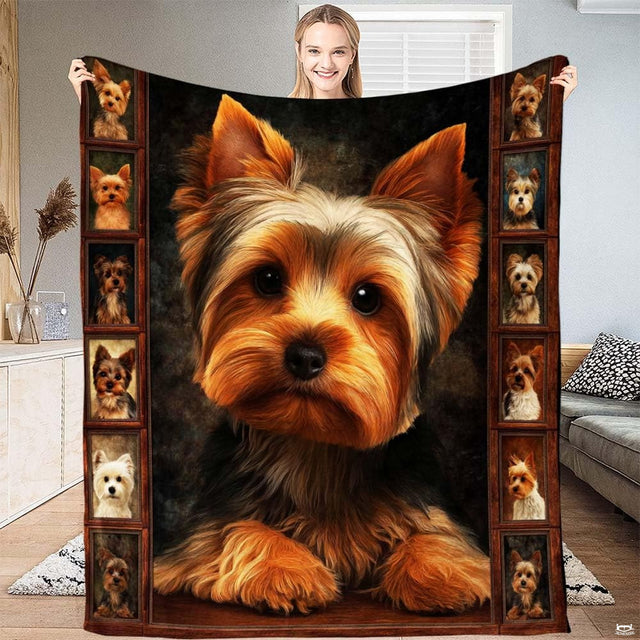 Yorkshire Terrier throw blanket featuring a painted dog portrait flanked by wooden frames with puppy pictures