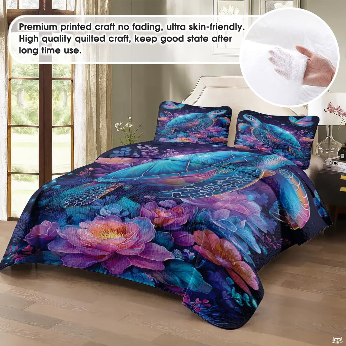 Luminous turtle bedding set display showcasing rich turquoise, violet, and fuchsia aquatic flora decor.