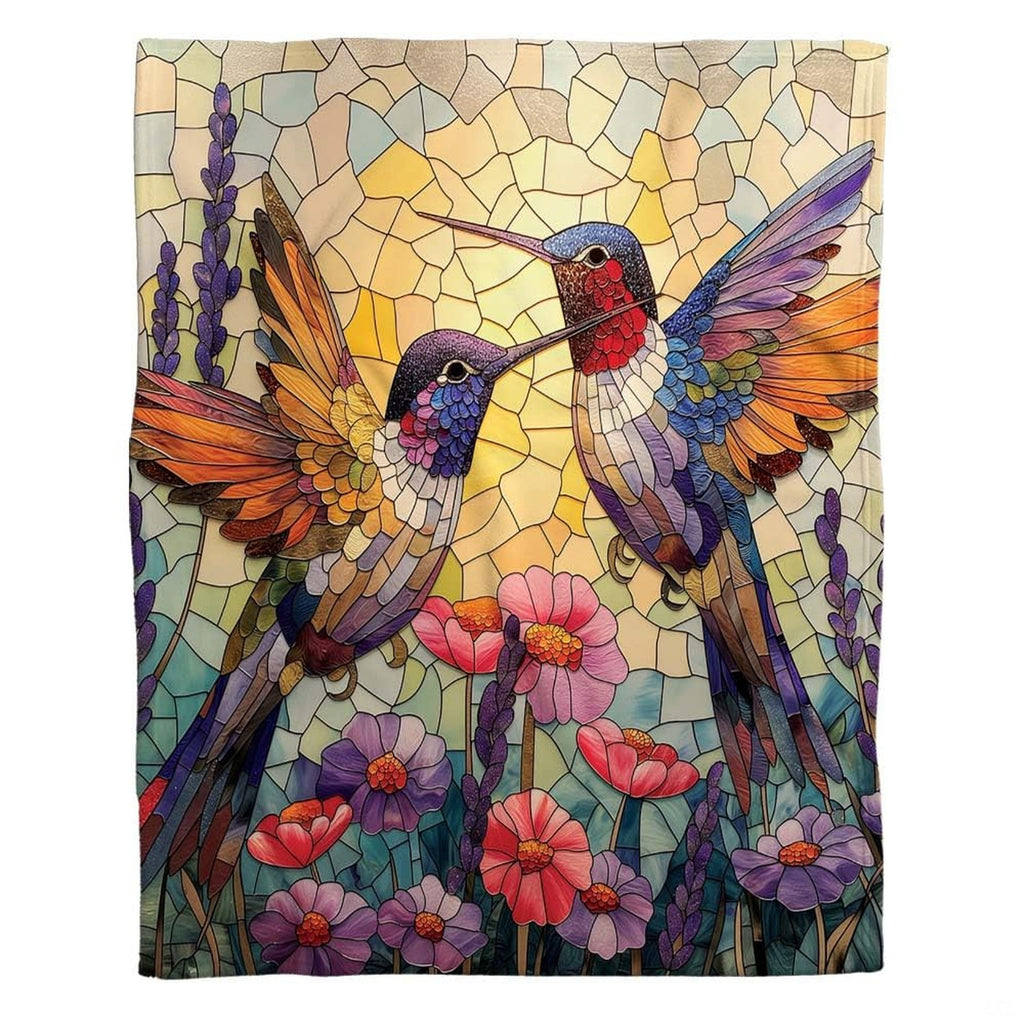 Full flat overview of the stained glass hummingbird mosaic blanket.