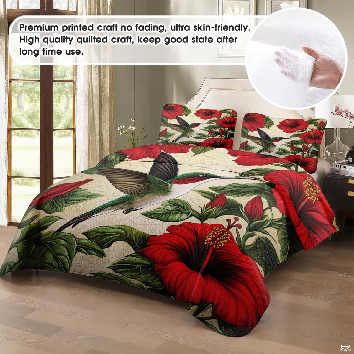 Bedroom display with a green hummingbird among vivid red tropical flowers