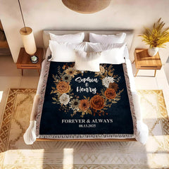 Detail of elegant white script calligraphy and textured navy background on a botanical blanket