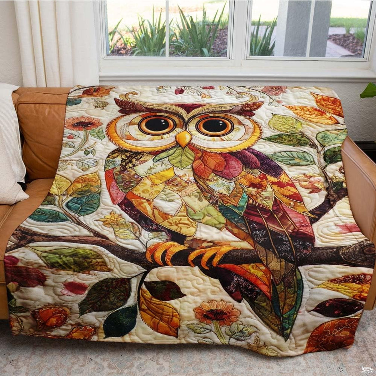 Overhead flat view displaying full collage autumn owl illustration on a throw blanket