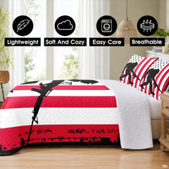 Overhead look at tactical Bigfoot bedding set with bold patriotic grunge artwork in a rustic bedroom.