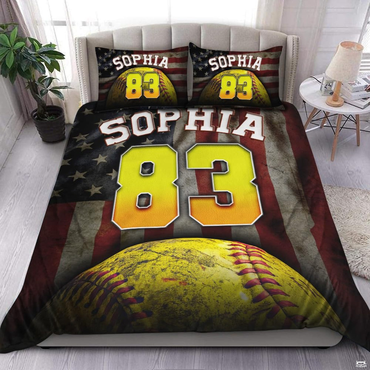 American flag and optic yellow softball sports bedding set featuring a textured softball and patriotic flag stripes