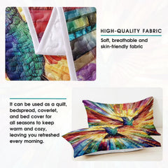 Pillow display with hummingbird and radiating multicolored stripes