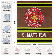 Bunker coat firefighter throw blanket draped casually across an indoor sofa