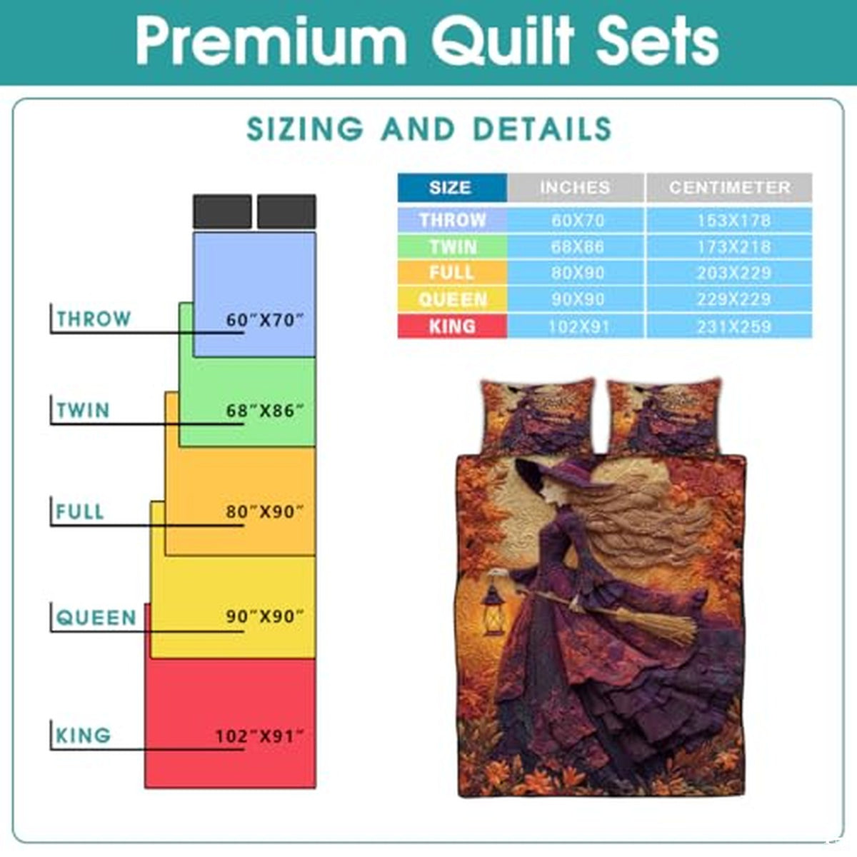 Witch Throw Quilt Set – Vintage Gothic Style Fall Bedspread for Autumn Bedroom Decor, Halloween Witch Bedding, Magical Patchwork Pattern, Soft Lightweight Twin, Full, Queen Sizes (Beautiful 3D Witch)