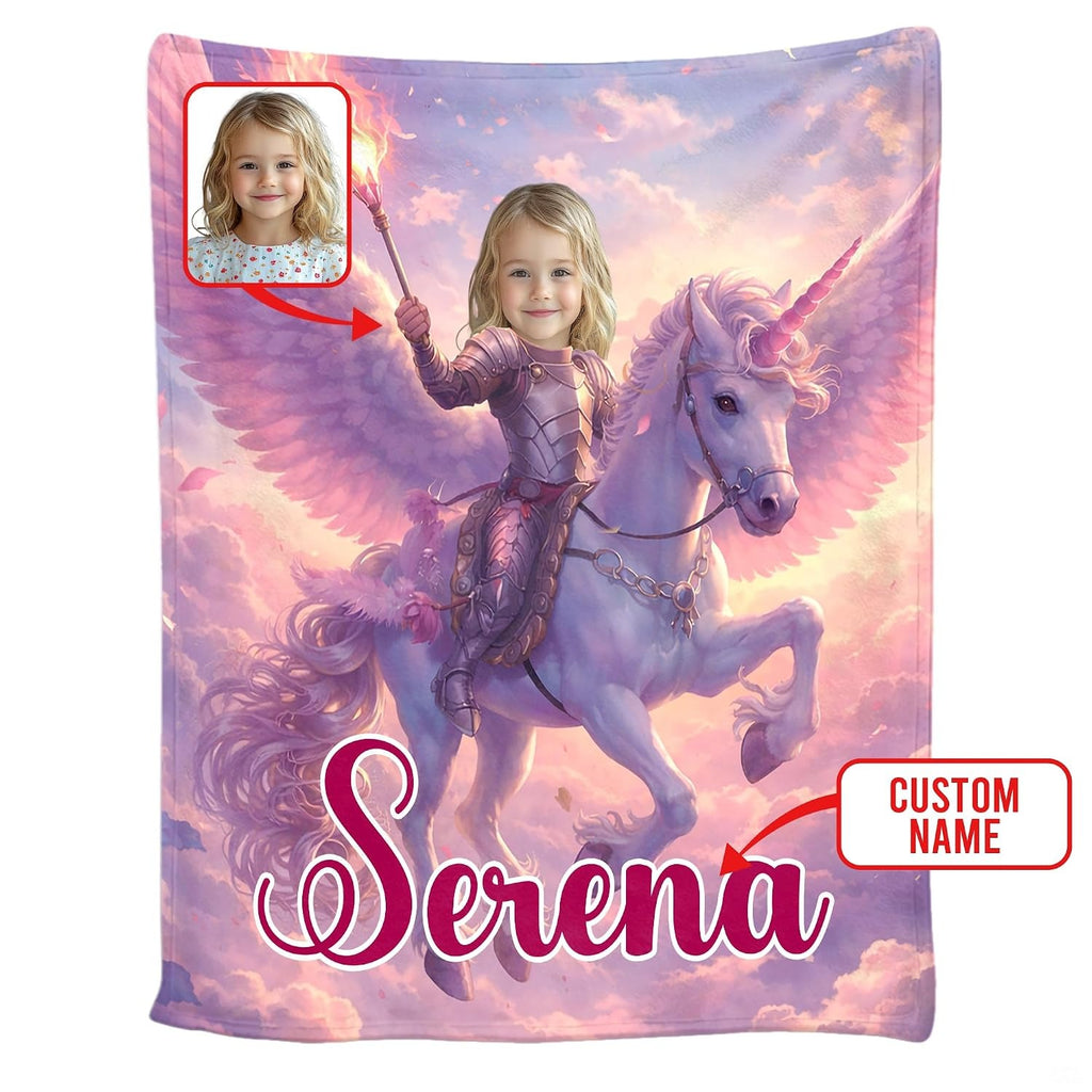 Winged unicorn warrior blanket unfolded display showing pastel sky