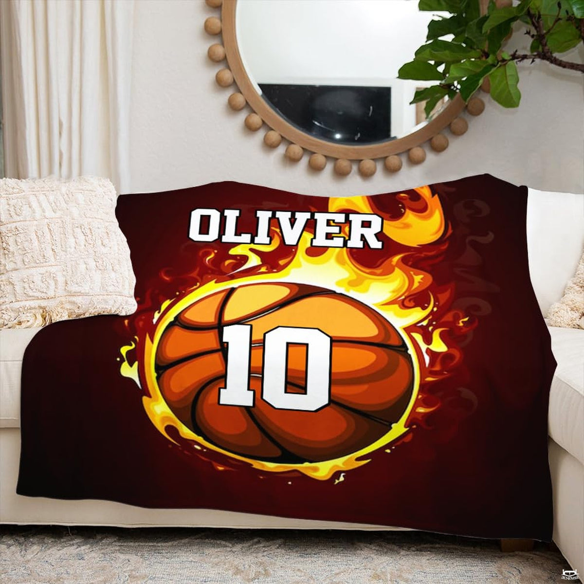 Dynamic baskets decor ideas featuring dramatic flaming ball graphics in a bedroom setting.