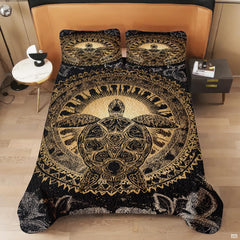 Detailed perspective of thematic accent-contrast amber and black ocean mandala artwork on Jeminise bedding.