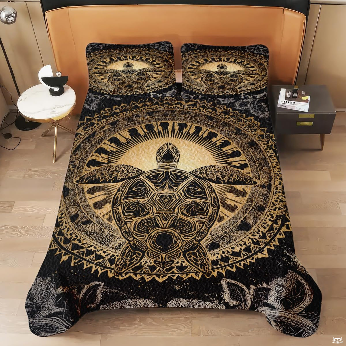 Detailed perspective of thematic accent-contrast amber and black ocean mandala artwork on Jeminise bedding.