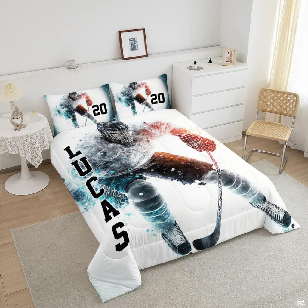 Close-up perspective of hockey bedding highlighting goalie silhouette, ice spray effects, and equipment graphics
