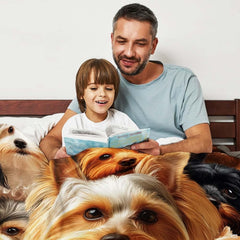Bedding set decorated with Yorkshire Terrier portraits styled in a bright, modern bedroom setting.