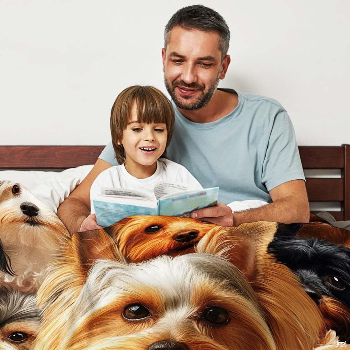 Bedding set decorated with Yorkshire Terrier portraits styled in a bright, modern bedroom setting.