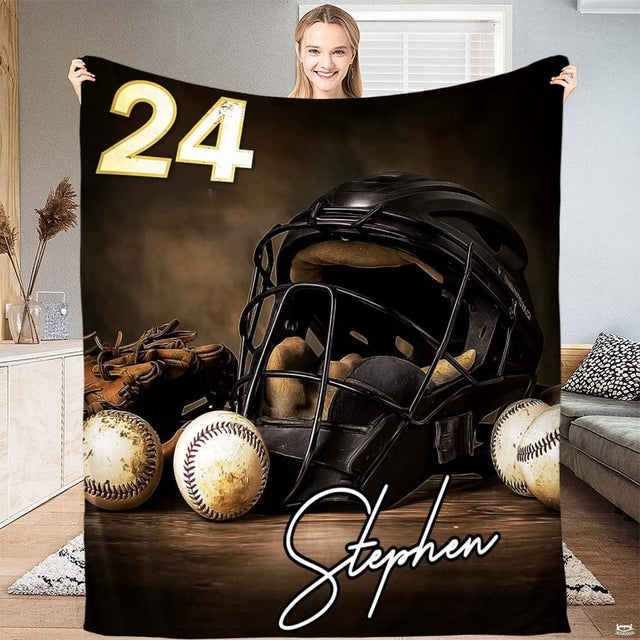 Baseball catcher throw blanket view 2 highlighting catcher mask details, baseball equipment, and sports styling