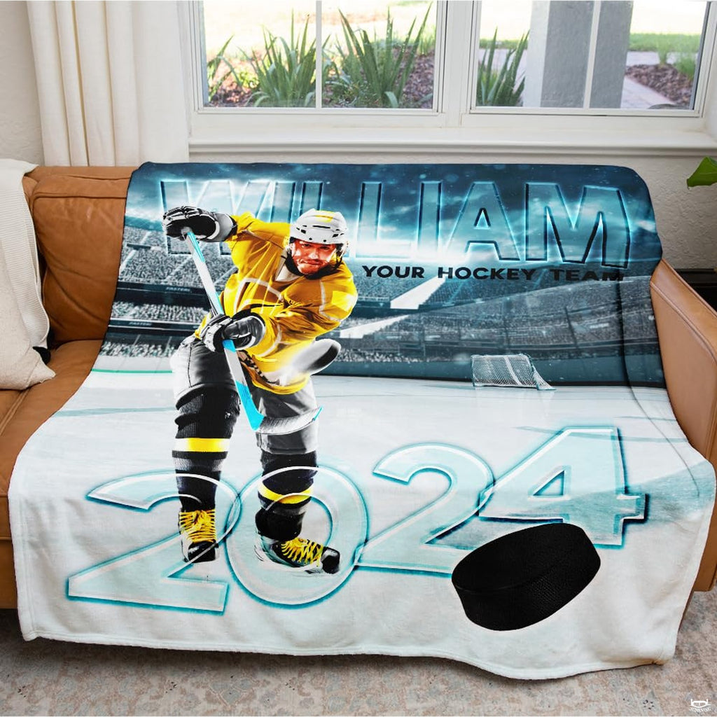 Ice hockey player taking a slapshot in a floodlit arena stadium, view 7.