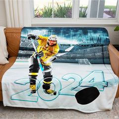 Ice hockey player taking a slapshot in a floodlit arena stadium, view 7.
