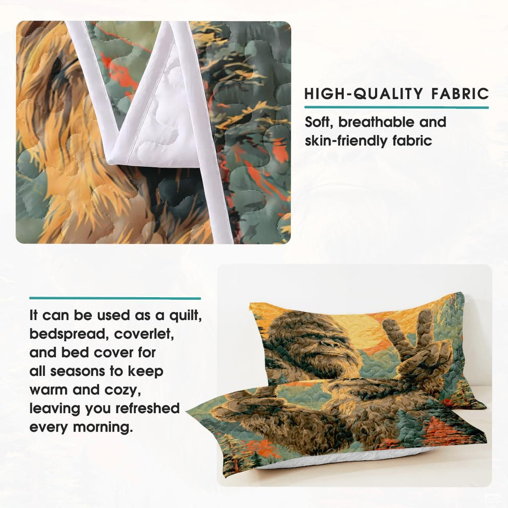 Personalized Bigfoot Peace Sign Sunset Quilt Sets, Machine Washable