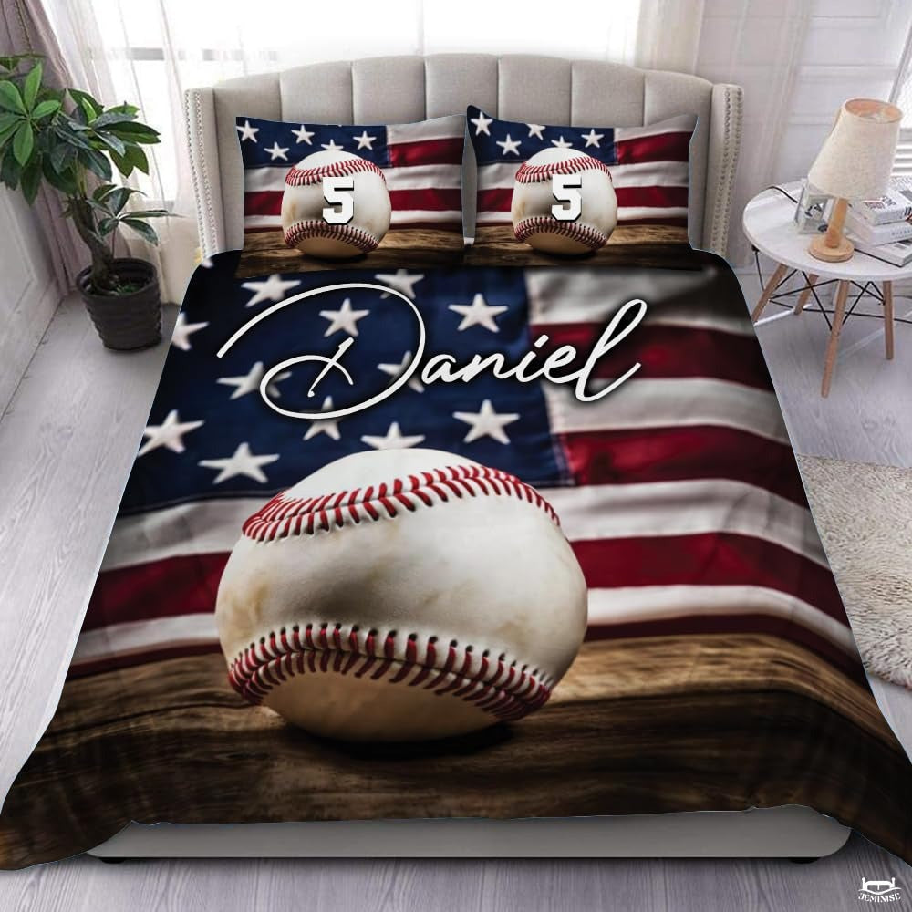 Personalized Baseball Bedding Full Size Flag Custom Name Duvet Cover Set Sport Decor Sports Comforter Bed Set (Baseball Vintage Rustic)