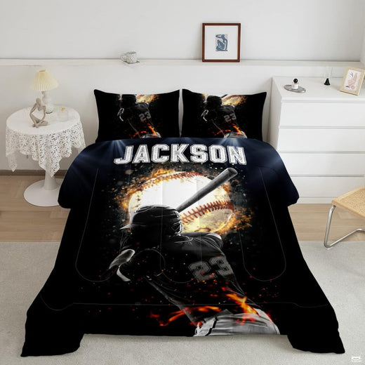 Galaxy baseball player silhouette sports bedding set displayed on a bed in a youth sports themed bedroom