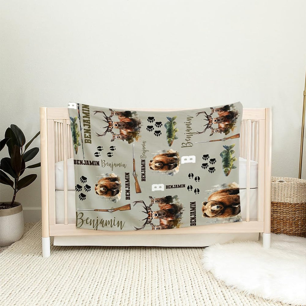 Rustic bear hunt bedding set featuring intricate rifle details, bear tracks, and pine tree silhouettes.