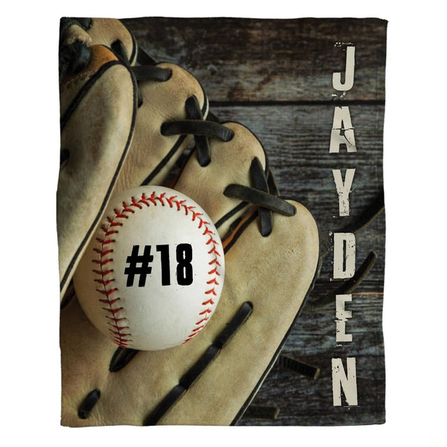 Vintage wood plank baseball glove throw blanket featuring baseball and fielding mitt on weathered timber planks
