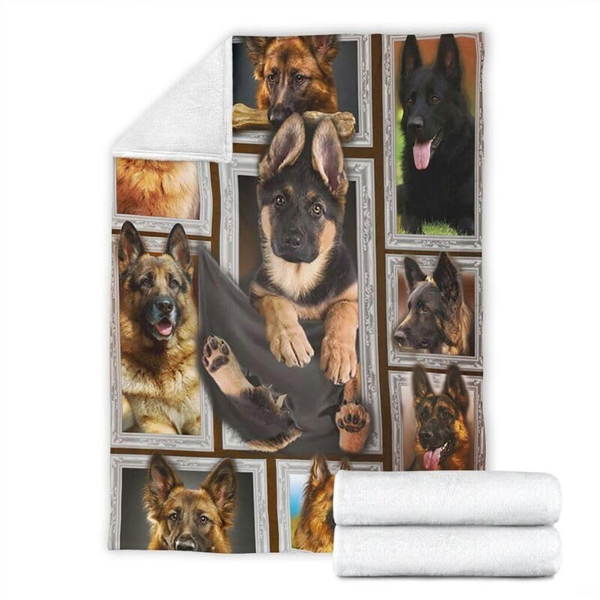 Folded corner and rolled layout of the German Shepherd blanket showing the white reverse side.