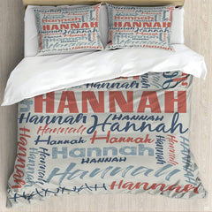 Subway art word party bed set displaying typography collage in navy, slate, and coral accents.